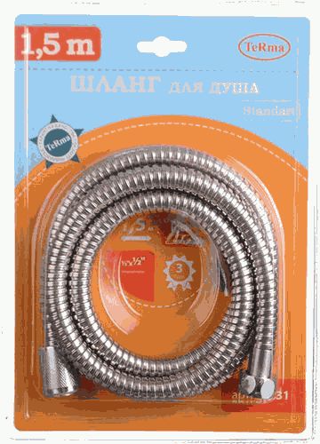 Шланг для душа TERMA 20331  1/2"*1/2"конус НЕРЖ. d14мм*150см двойной зажим STANDART, блистер Шланг для душа TERMA 20331  1/2"*1/2"конус НЕРЖ. d14мм*150см двойной зажим STANDART, блистер