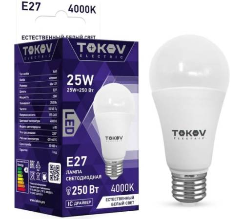 Лампа светодиодная 25Вт А60 4000К Е27 176-264В TOKOV ELECTRIC TKE-A60-E27-25-4K