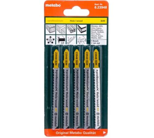 Набор пилок для эл.лобзика по дереву и пластику Metabo 5шт. Bi-Metal (T101AIF) Набор пилок для эл.лобзика по дереву и пластику Metabo 5шт. Bi-Metal (T101AIF)