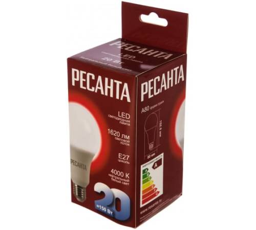 Лампа светодиодная LL-R-A80-20W-230-4K-E27 (груша, 20Вт, нейтр., Е27) Ресанта