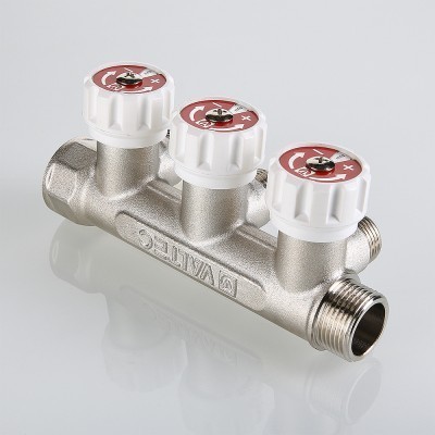 Коллектор 3/4" труба, 2 вых. на 1/2" ш., с регулировочными вентилями (на подающий трубопровод) V