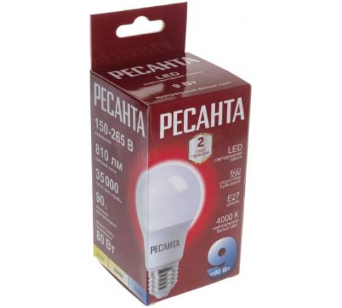 Лампа светодиодная LL-R-A60-9W-230-4K-E27 (груша, 9Вт, нейтр., Е27) Ресанта