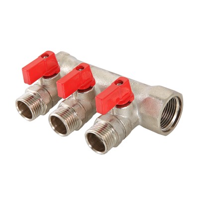 Коллектор 1" труба, 3 вых. на 1/2" ш. с отсекающими кранами, Valtec Коллектор 1" труба, 3 вых. на 1/2" ш. с отсекающими кранами, Valtec