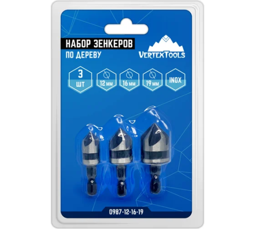 Набор зенкеров по дереву 3 шт, 12 мм, 16 мм, 19 мм vertextools 0987-12-16-19 Набор зенкеров по дереву 3 шт, 12 мм, 16 мм, 19 мм vertextools 0987-12-16-19