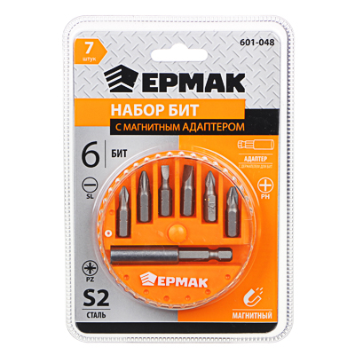 ЕРМАК Набор 7 пр. биты, магнитный адаптер для бит, пластиковый кейс ЕРМАК Набор 7 пр. биты, магнитный адаптер для бит, пластиковый кейс