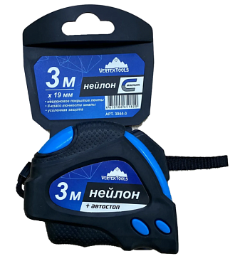 Рулетка 3м (19мм) VERTEXTOOLS нейлон, автостоп Рулетка 3м (19мм) VERTEXTOOLS нейлон, автостоп
