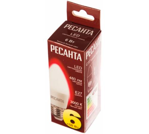 Лампа светодиодная LL-R-C37-6W-230-3K-E27 (свеча, 6Вт, тепл., Е27) Ресанта
