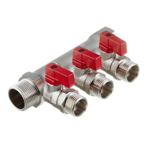Коллектор 3/4" труба, 3 вых. на 1/2" ш. с отсекающими кранами, Valtec Коллектор 3/4" труба, 3 вых. на 1/2" ш. с отсекающими кранами, Valtec