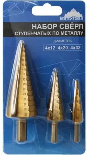 Набор ступенчатых сверл 4-12 мм, 4-20 мм, 4-32 мм vertextools 4-12-4-20-4-32 Набор ступенчатых сверл 4-12 мм, 4-20 мм, 4-32 мм vertextools 4-12-4-20-4-32