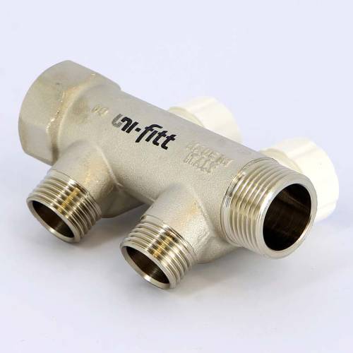 Коллектор НВ 3/4" 2 выхода 1/2" нар. 40мм с вентилями никелированный UNI-FITT