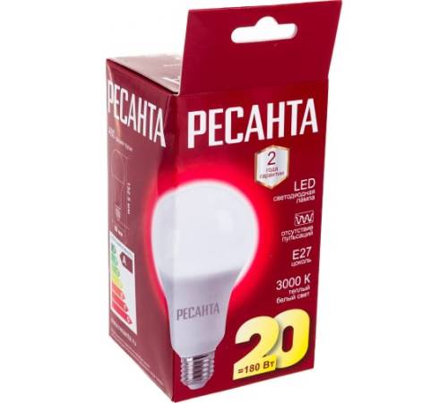 Лампа светодиодная LL-R-A80-20W-230-3K-E27 (груша, 20Вт, тепл., Е27) Ресанта